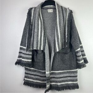 Anthropologie Saturday Sunday Open Front Cardigan Gray/White Stripe Fringe Trim